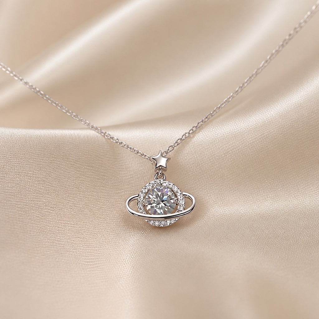 Elegant White Gold Cosmic Planet Necklace