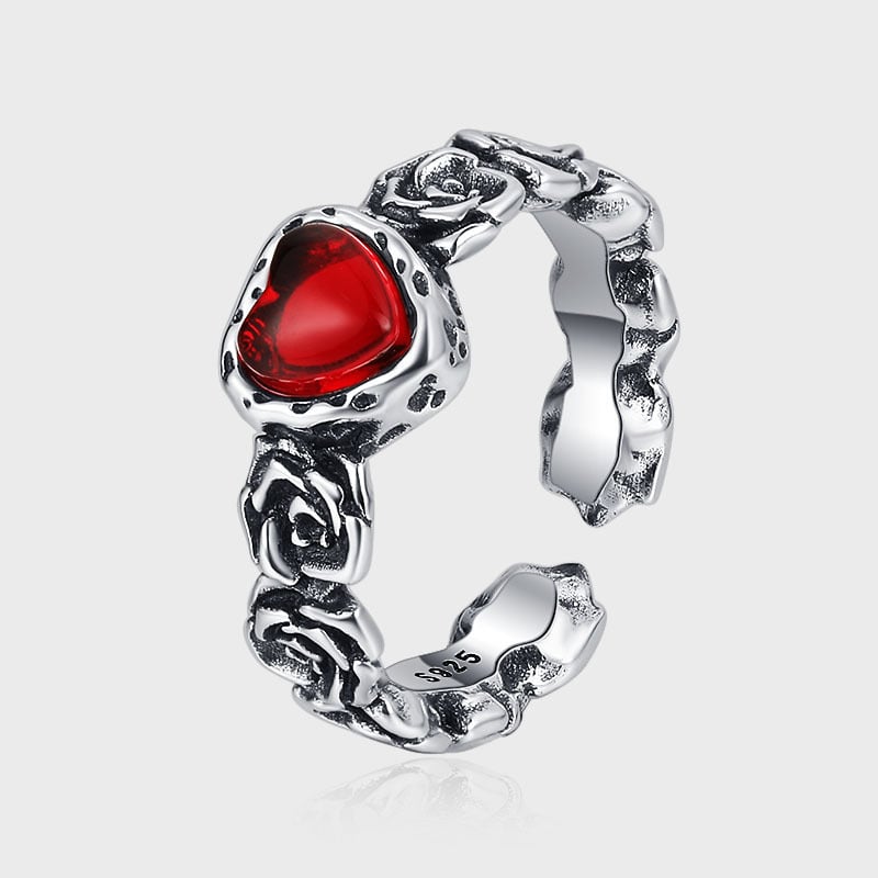 Heart-Shaped Red Stone Ring with Rose Vine Band in Silver-Tone