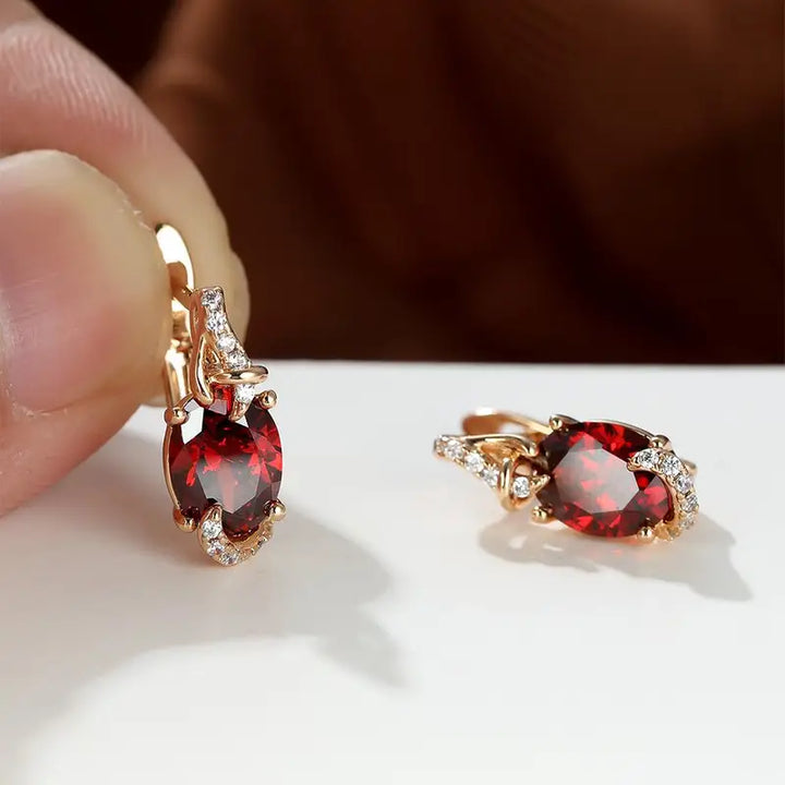 Gold Ruby Oval Drop Earrings