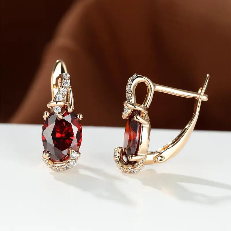 Gold Ruby Oval Drop Earrings