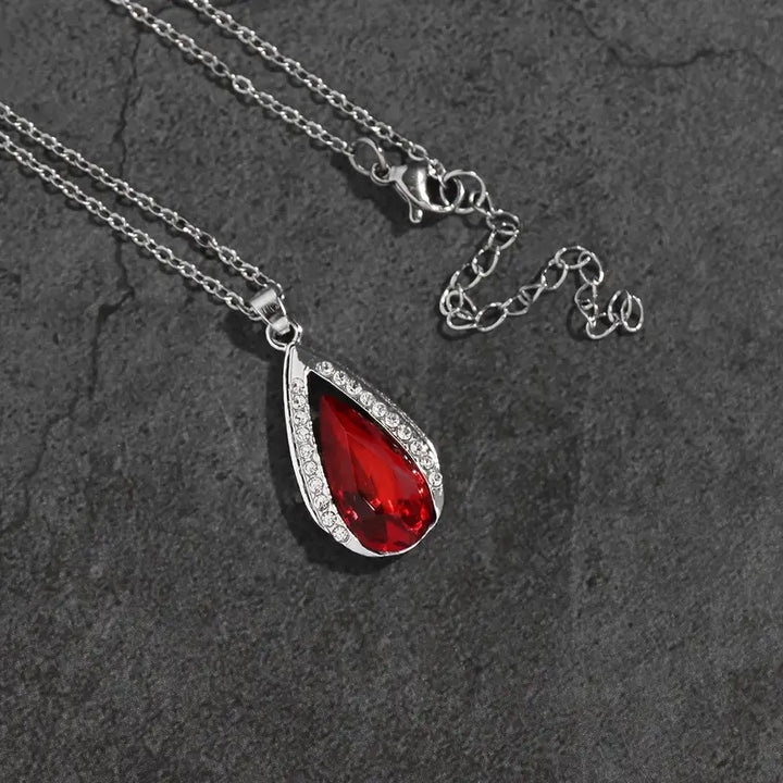 Ruby Red Teardrop Crystal Wrap Pendant Necklace – Silver