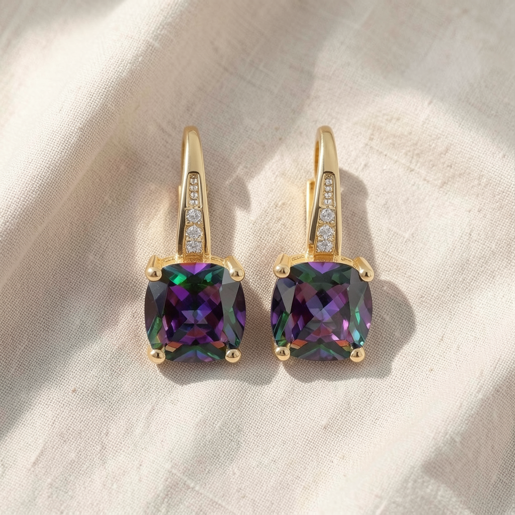 Mystic Sapphire Stone Hoop Gold Earrings