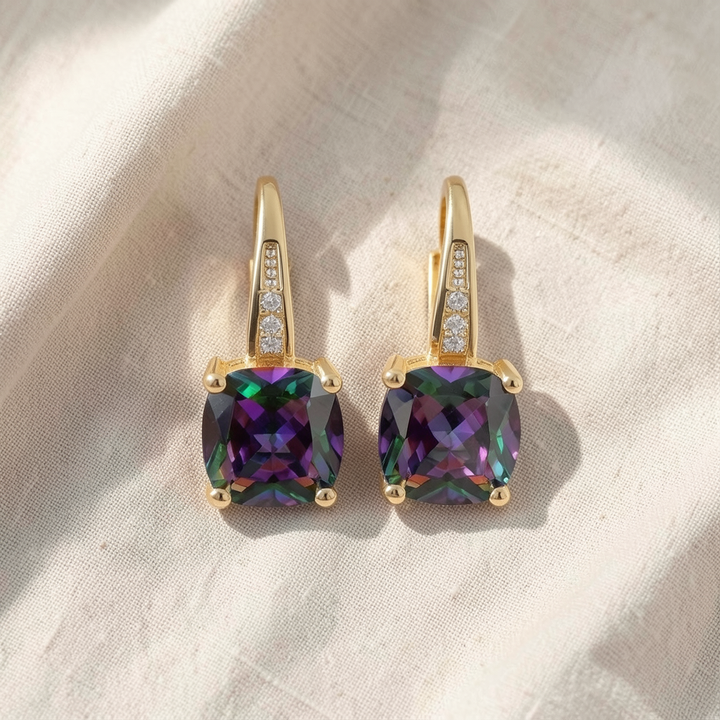 Mystic Sapphire Stone Hoop Gold Earrings