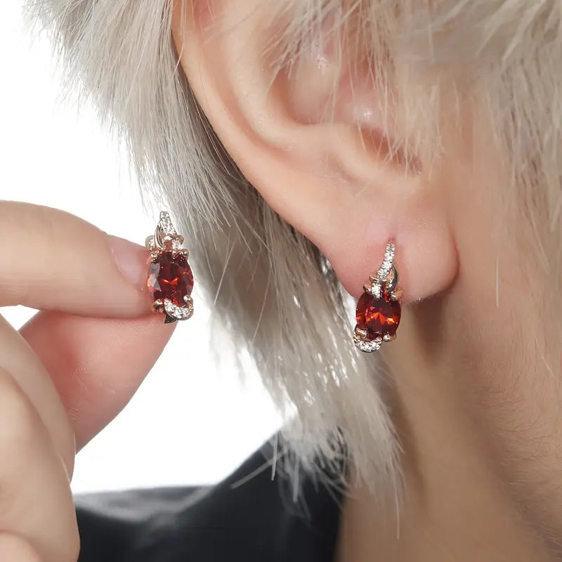 Gold Ruby Oval Drop Earrings