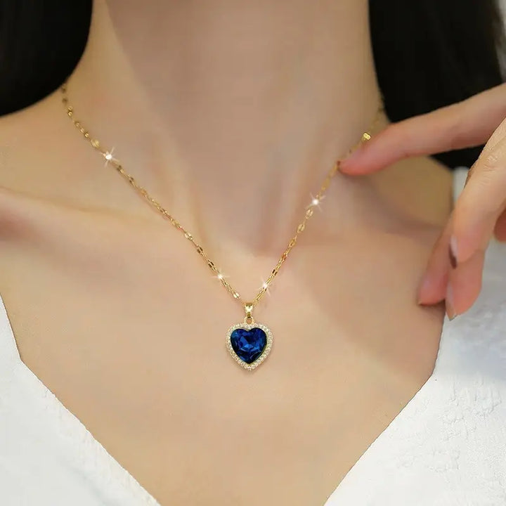 Blue Sapphire Heart Halo Pendant Necklace – Gold