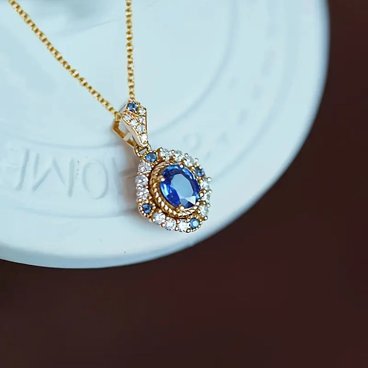 Sapphire Oval Double Halo Pendant Necklace – Gold