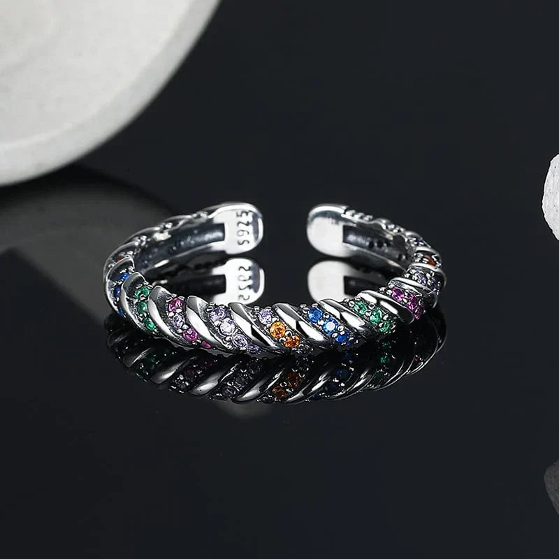 Spiral Multicolor Crystal Open Cuff Bracelet in Silver Tone