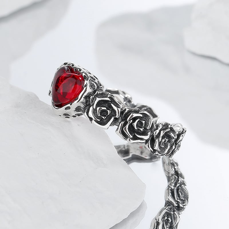 Heart-Shaped Red Stone Ring with Rose Vine Band in Silver-Tone