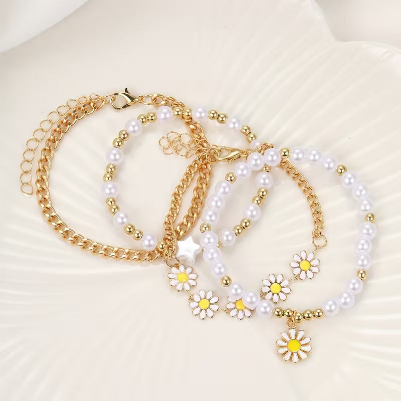 Perlen-Gänseblümchen-Stapel-Armband 4er-Set