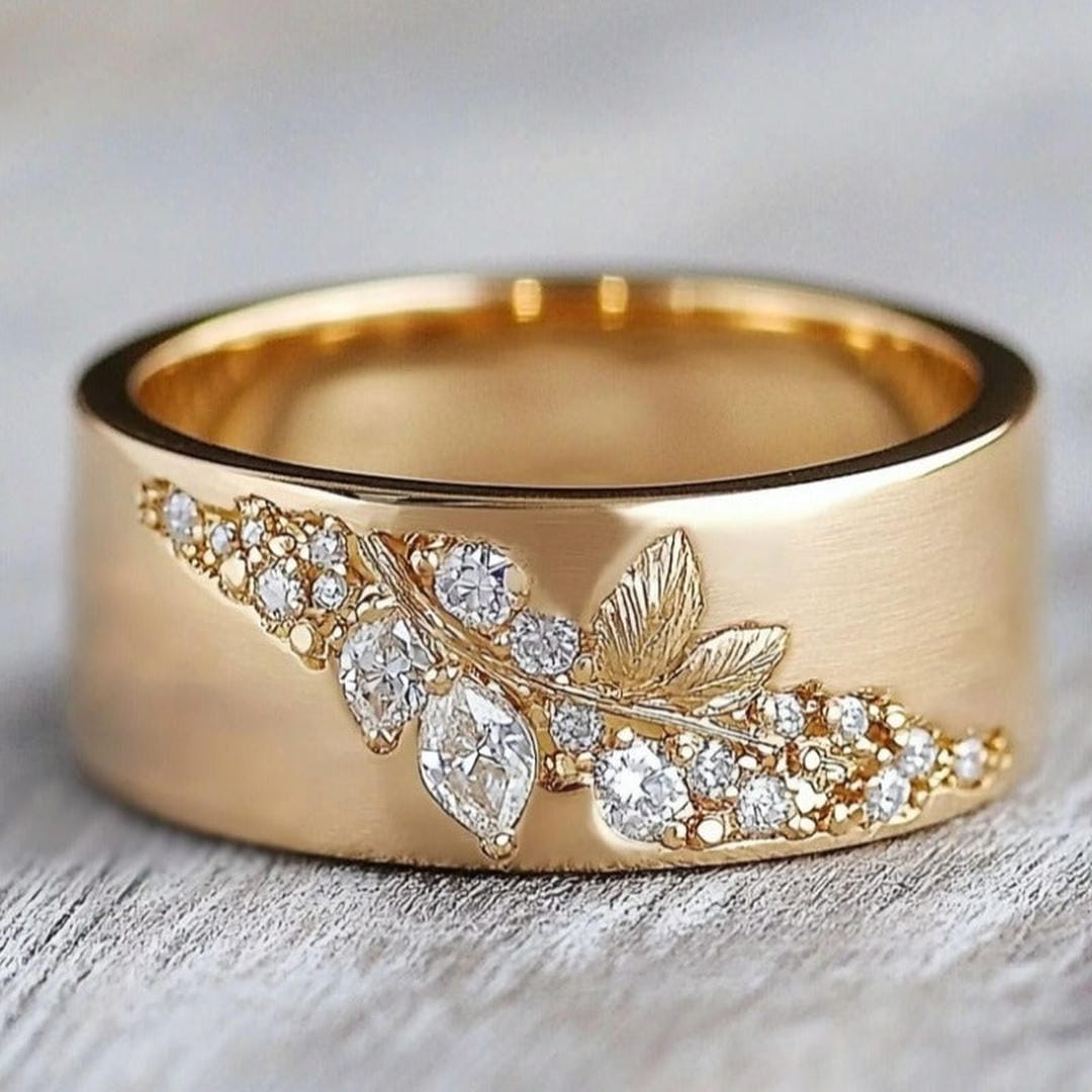 Exquisiter goldener Zirkonia Blatt Ring