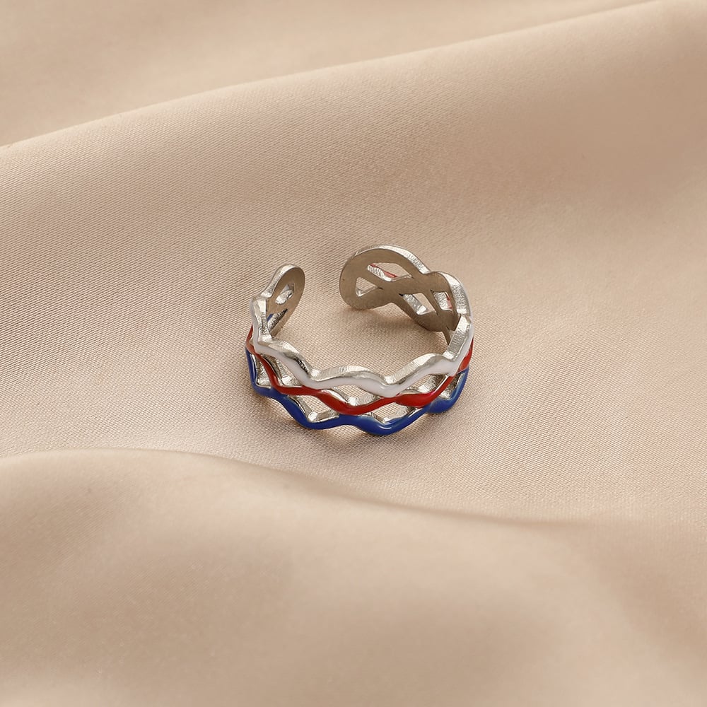 Twisted Cuff Ring with Red and Navy Enamel Accents in Gold-Tone or Silver-Tone