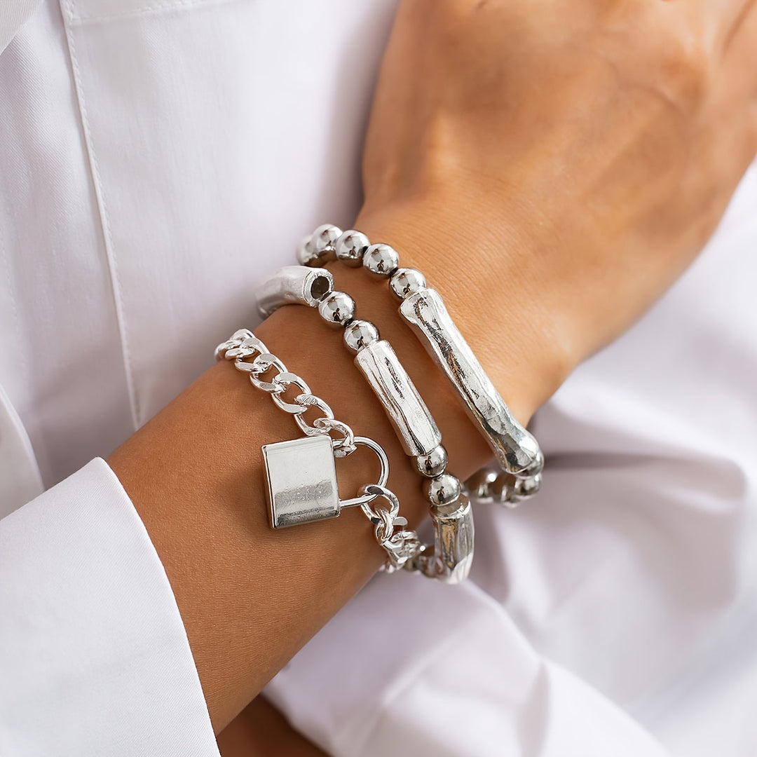 White Gold Beaded Punk Lock Bracelet Set