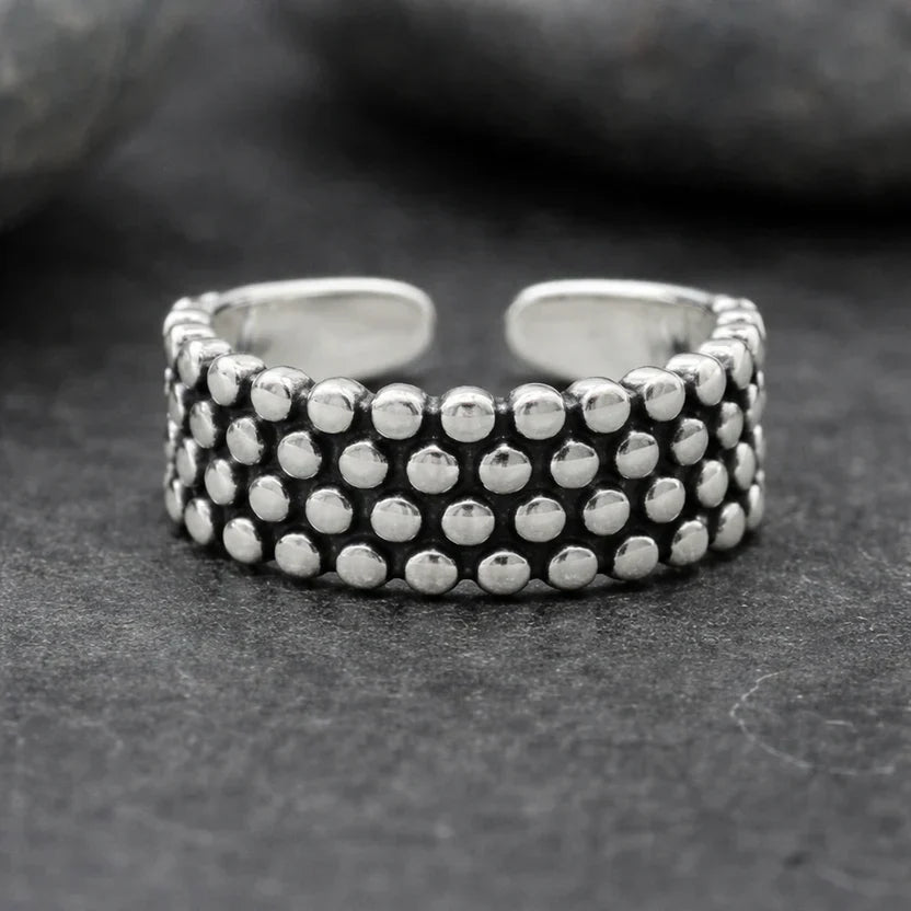 Beaded Polka Dot Open Cuff Ring, Silver-Tone, Adjustable