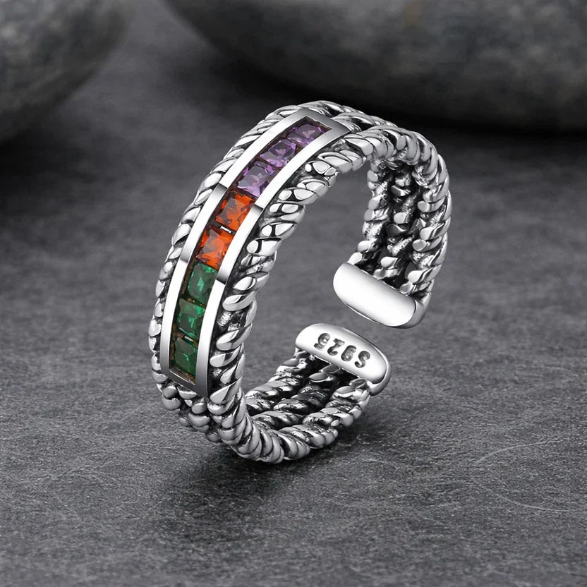 Multi-Color Mosaic Cuff Bracelet with Oxidized Silver-Tone Finish