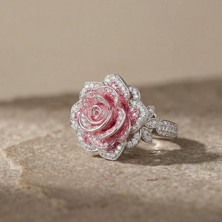 Exotischer versilberter Ring mit rosa Blüten