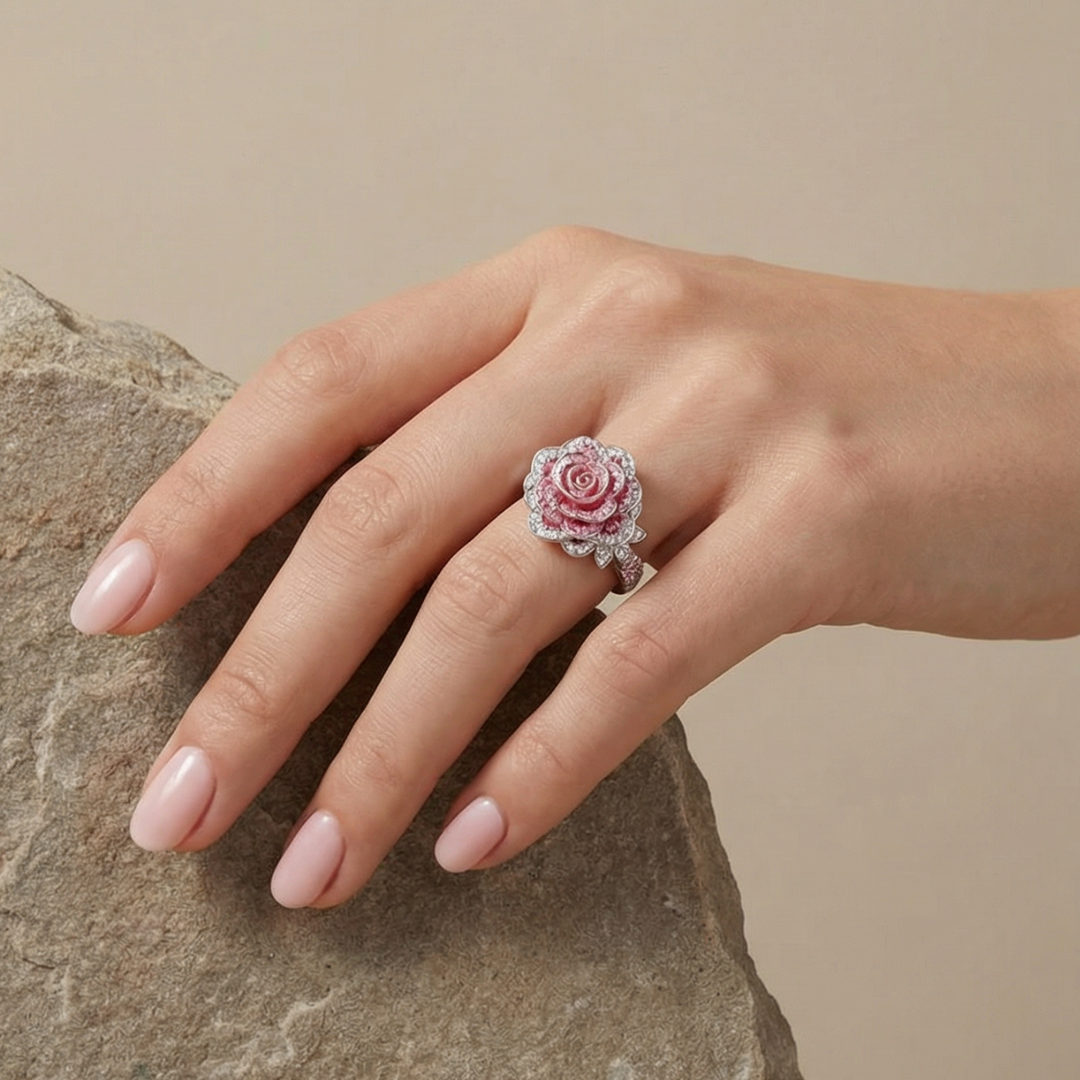 Exotischer versilberter Ring mit rosa Blüten