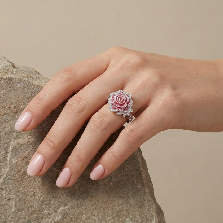 Exotischer versilberter Ring mit rosa Blüten