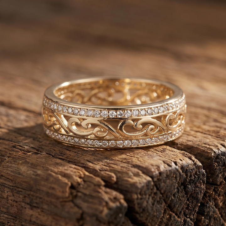 Filigree Scrollwork Ring with Crystal Pavé Edges, Gold-Tone