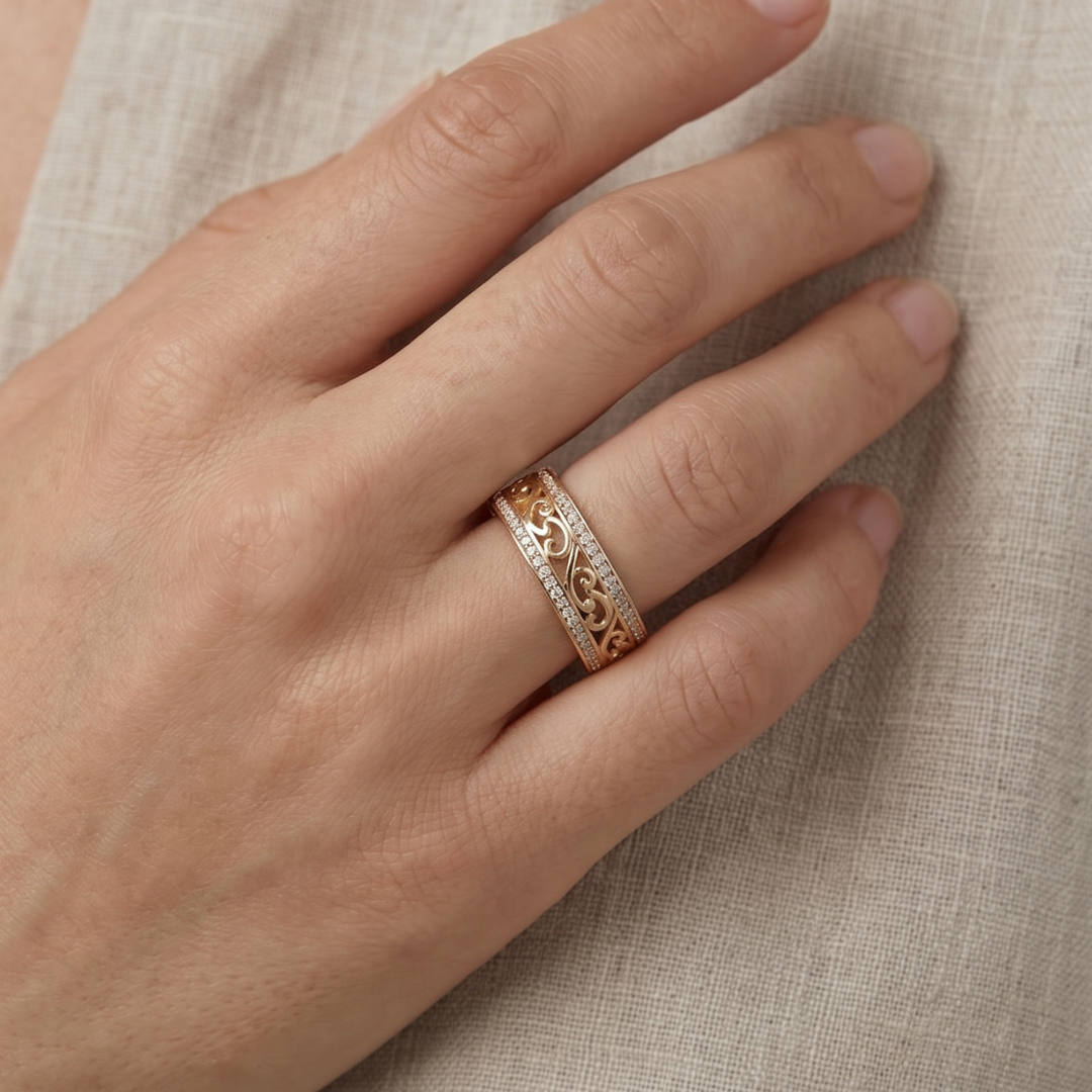 Filigree Scrollwork Ring with Crystal Pavé Edges, Gold-Tone