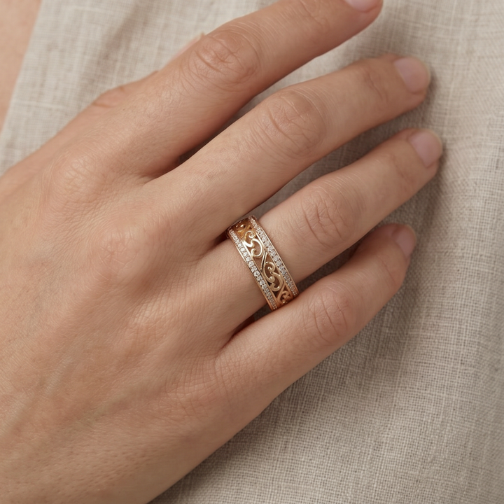 Filigree Scrollwork Ring with Crystal Pavé Edges, Gold-Tone