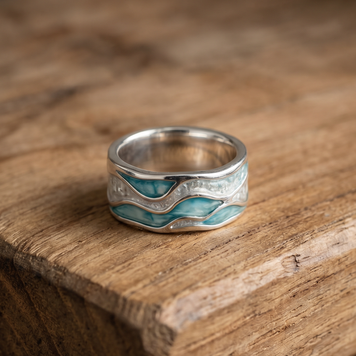 Wave Ripple Turquoise Ring with Textured Silver-Tone Band