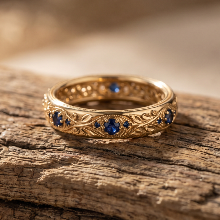 Leaf & Vine Blue Zirconia Ring with Gold-Tone Band