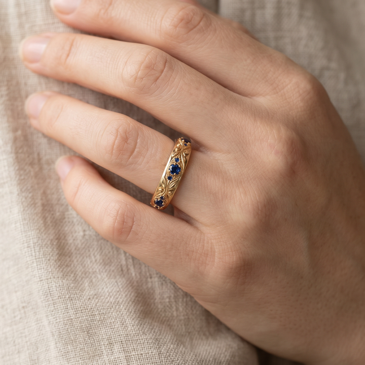 Leaf & Vine Blue Zirconia Ring with Gold-Tone Band