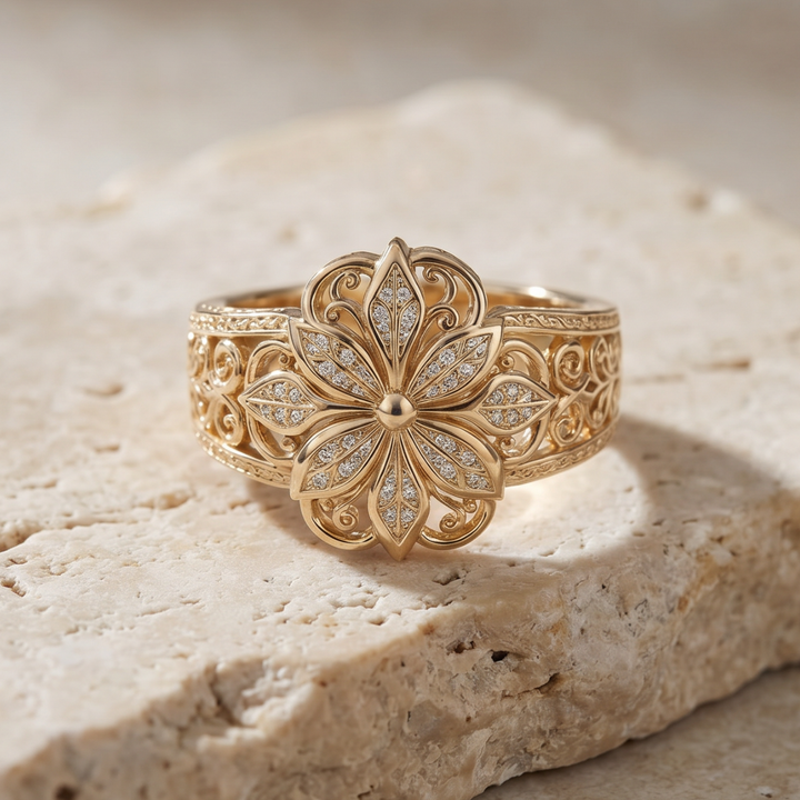 Floral Zirconia Ring with Gold-Tone Scrollwork Band