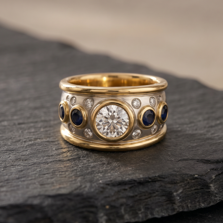 Blue Oval Stone Cocktail Ring with Two-Tone Wide Band
