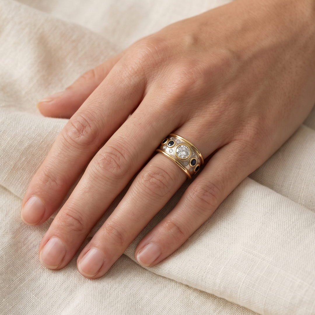 Blue Oval Stone Cocktail Ring with Two-Tone Wide Band