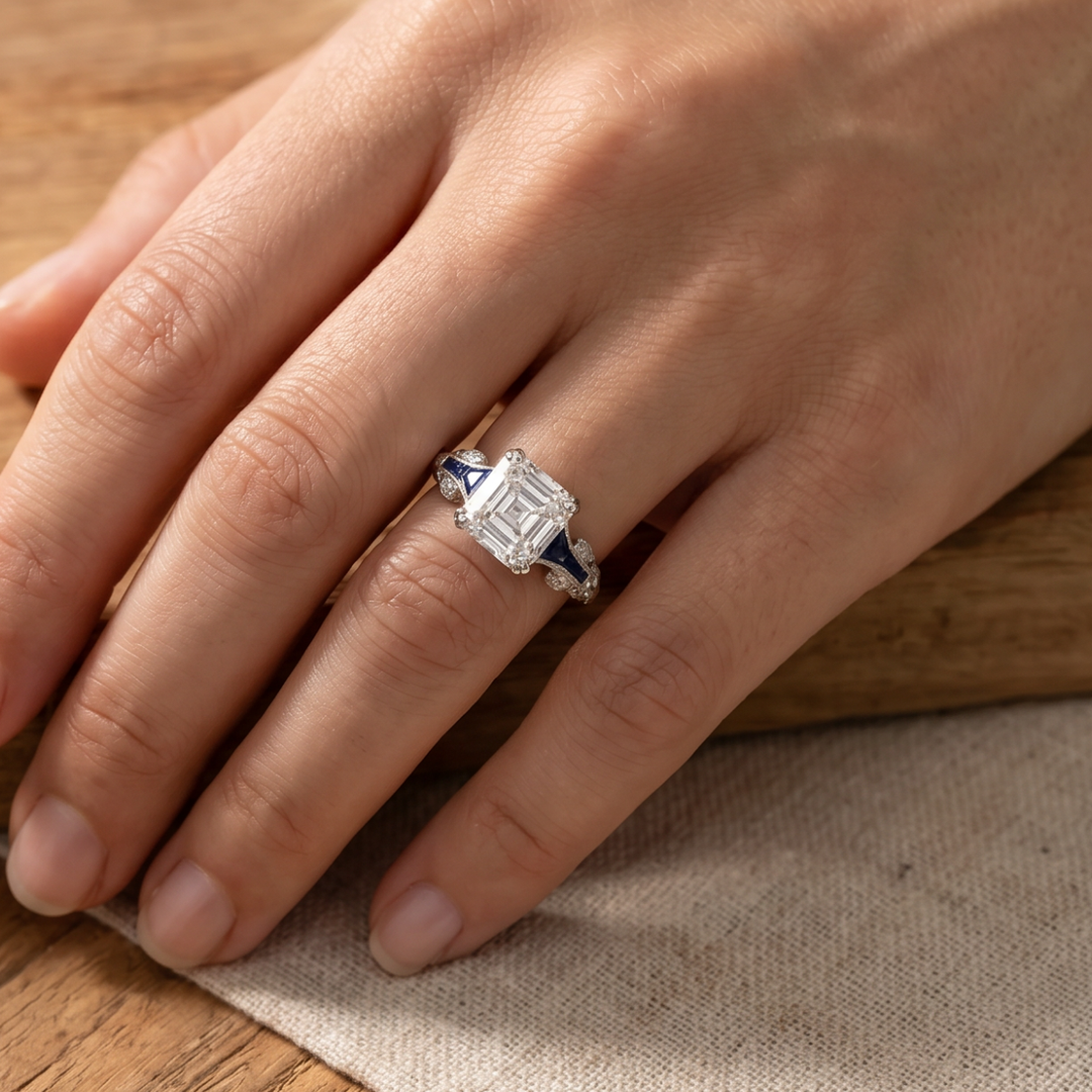 Art Deco Sapphire Ring with Asscher-Cut Center Stone in Silver Tone