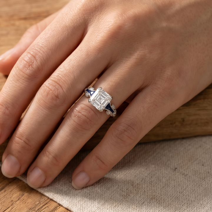 Art Deco Sapphire Ring with Asscher-Cut Center Stone in Silver Tone