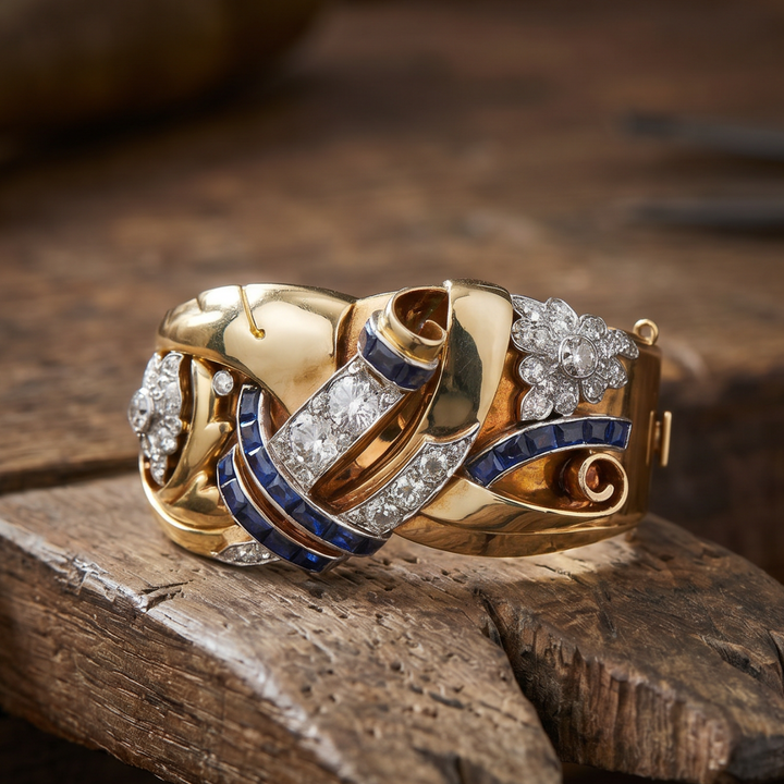 Art Deco Cubic Zirconia Cocktail Ring with Blue Accents