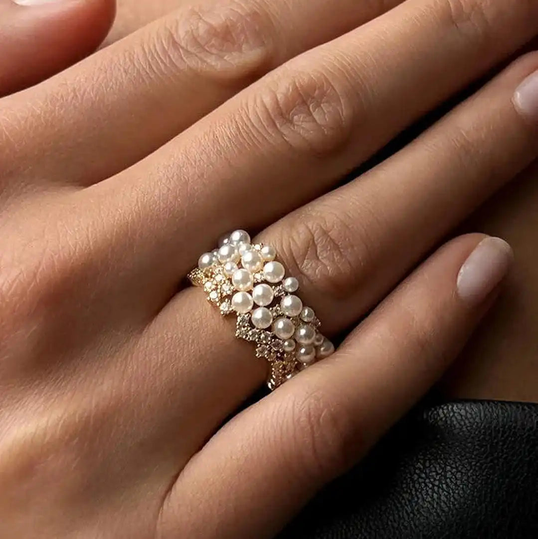 Vintage verstellbarer Perlen-Zirkonia-Ring