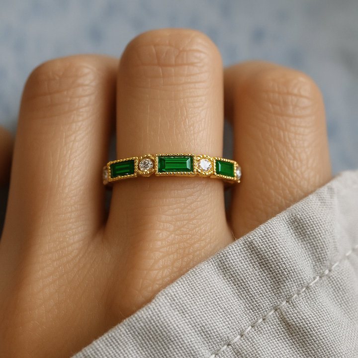 Emerald-Cut Green Stone Ring with Clear Accents, Gold-Tone Beaded Band