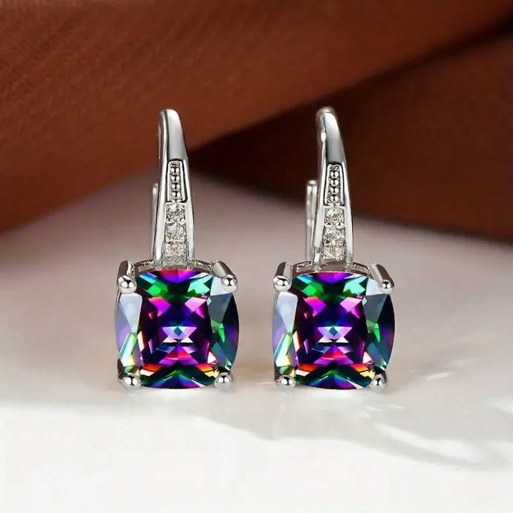 Mystic Stone Hoop Earrings | White Gold