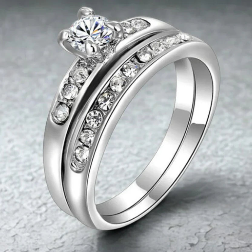 Round Brilliant Crystal Ring Set with Silver-Tone Channel Band