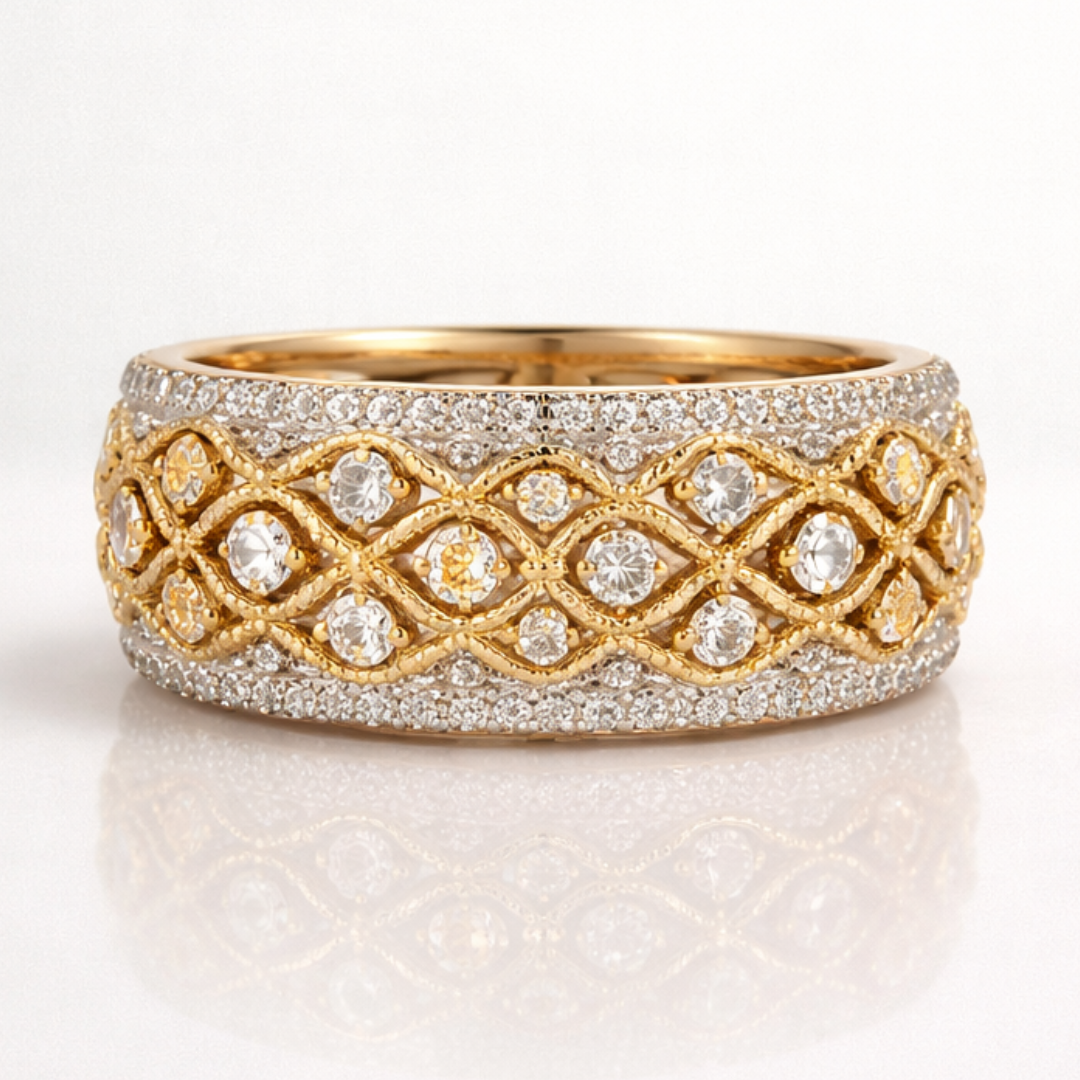 Quatrefoil Lattice Pavé Statement Ring in Gold Tone