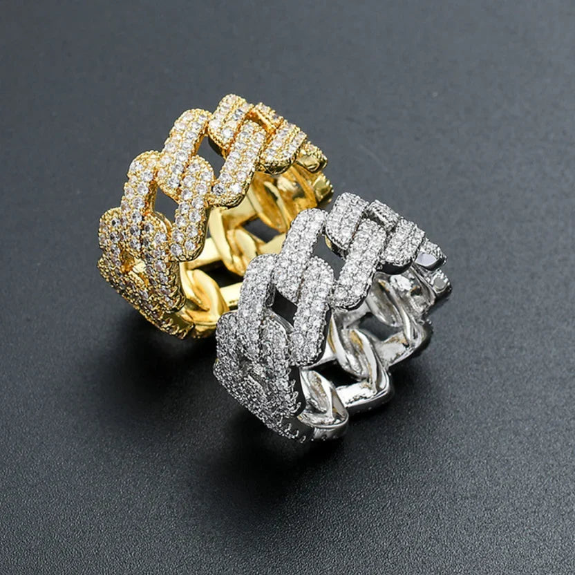 Chain-Link Cubic Zirconia Statement Ring with Pavé Detail, Gold-Tone or Silver-Tone