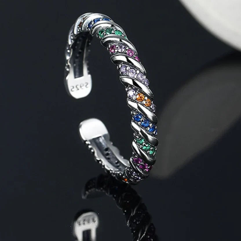 Spiral Multicolor Crystal Open Cuff Bracelet in Silver Tone