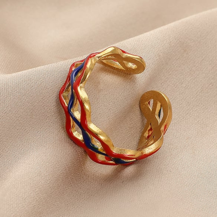 Twisted Cuff Ring with Red and Navy Enamel Accents in Gold-Tone or Silver-Tone
