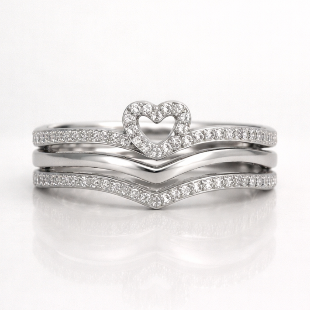 Heart Motif Stacking Ring Set with Curved Pavé Bands