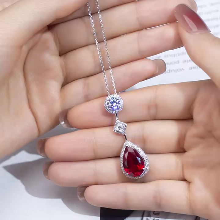 Ruby Teardrop Crystal Halo Drop Necklace