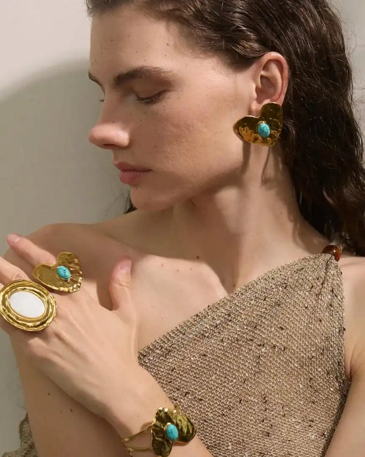 Vintage Gold Inlaid Turquoise Heart Earrings, Ring & Bracelet Set