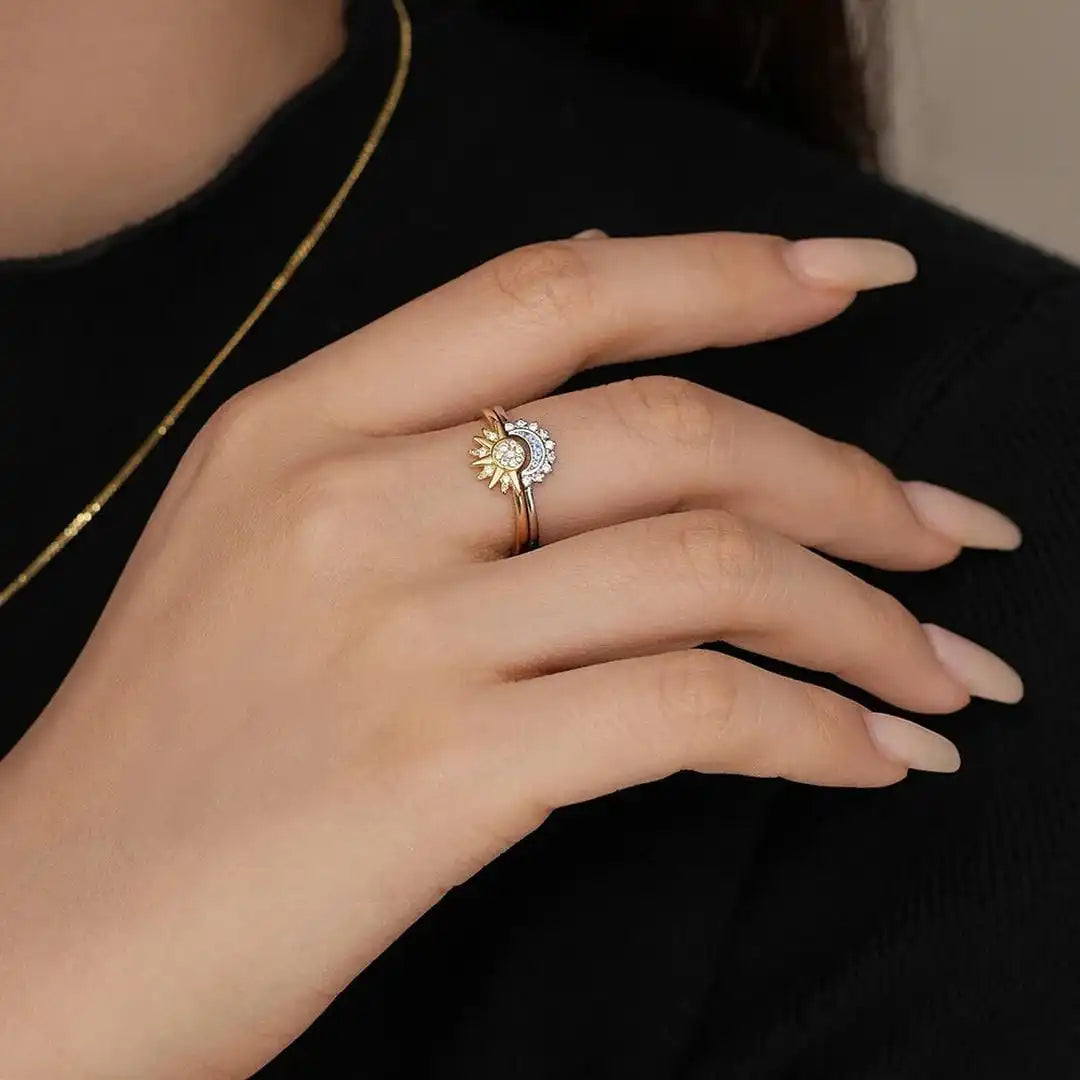 Timeless Silver Zirconia Sun Moon Ring Set