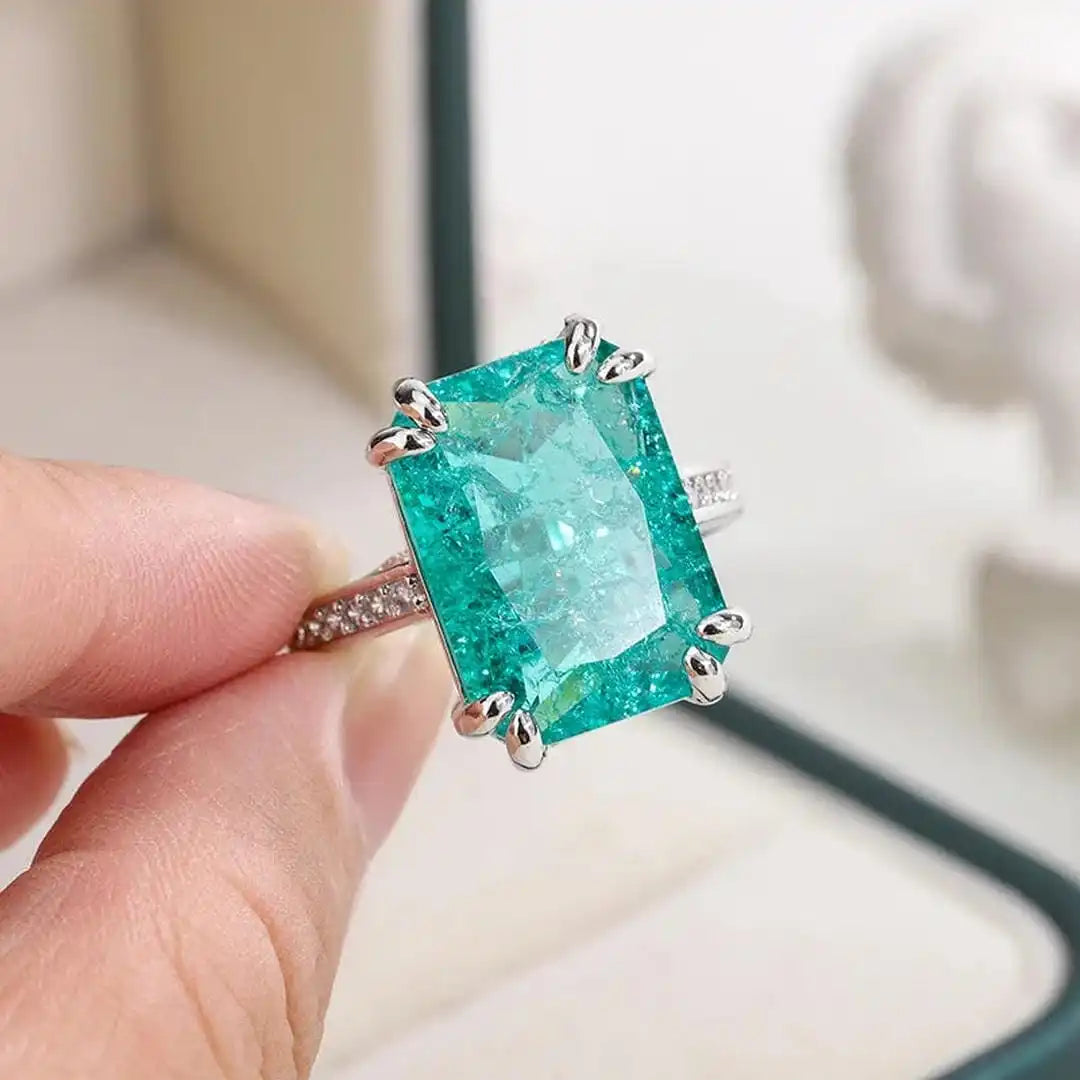 Exquisite Blue Green Moissanite Ring