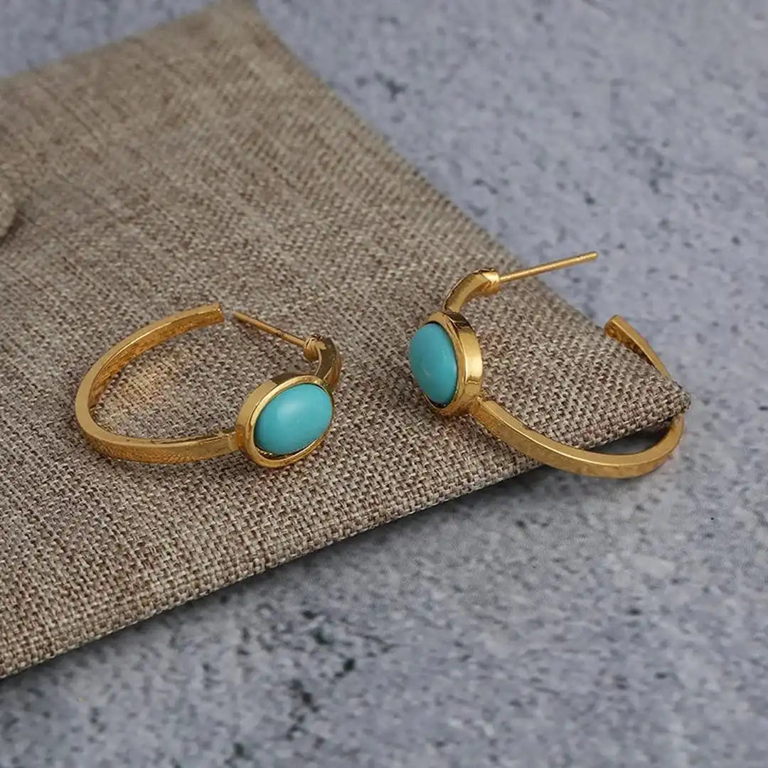 Golden Turquoise Oval Hoop Earrings