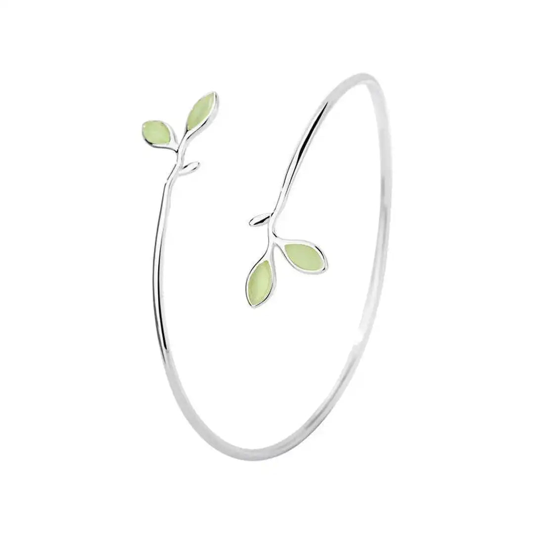 Timeless Silver Opal Leaf Bangle Bracelet