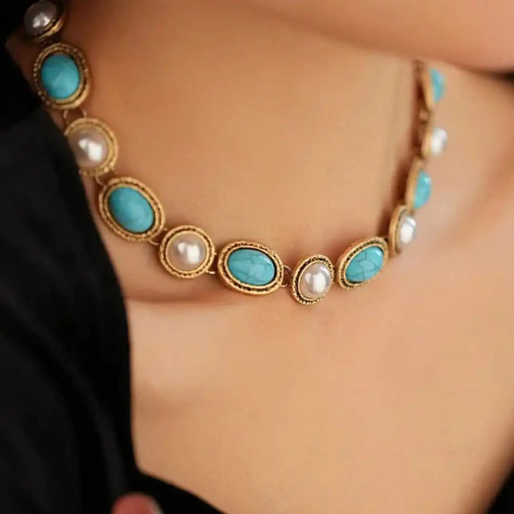 Turquoise & Pearl Antique Gold Statement Set