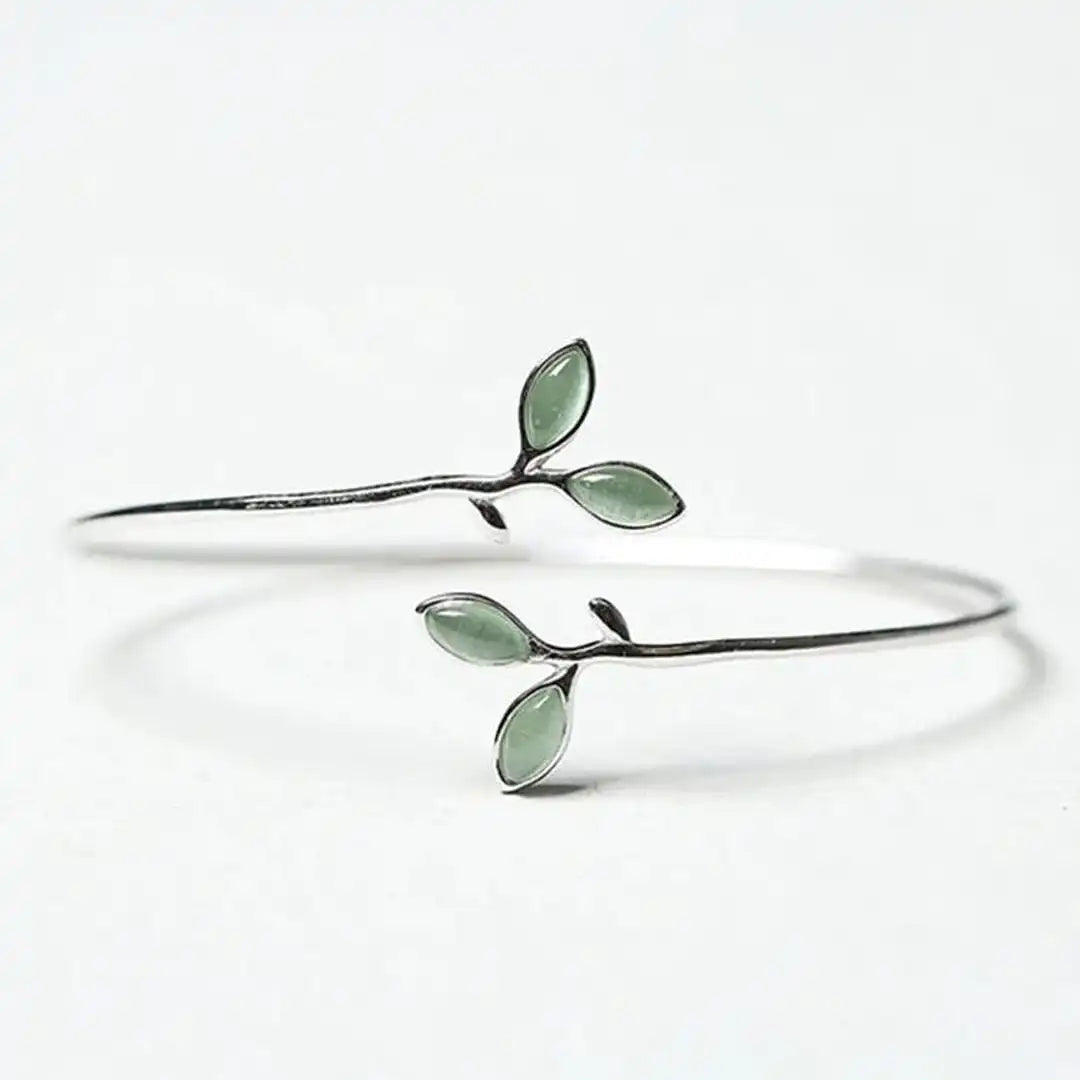 Timeless Silver Opal Leaf Bangle Bracelet